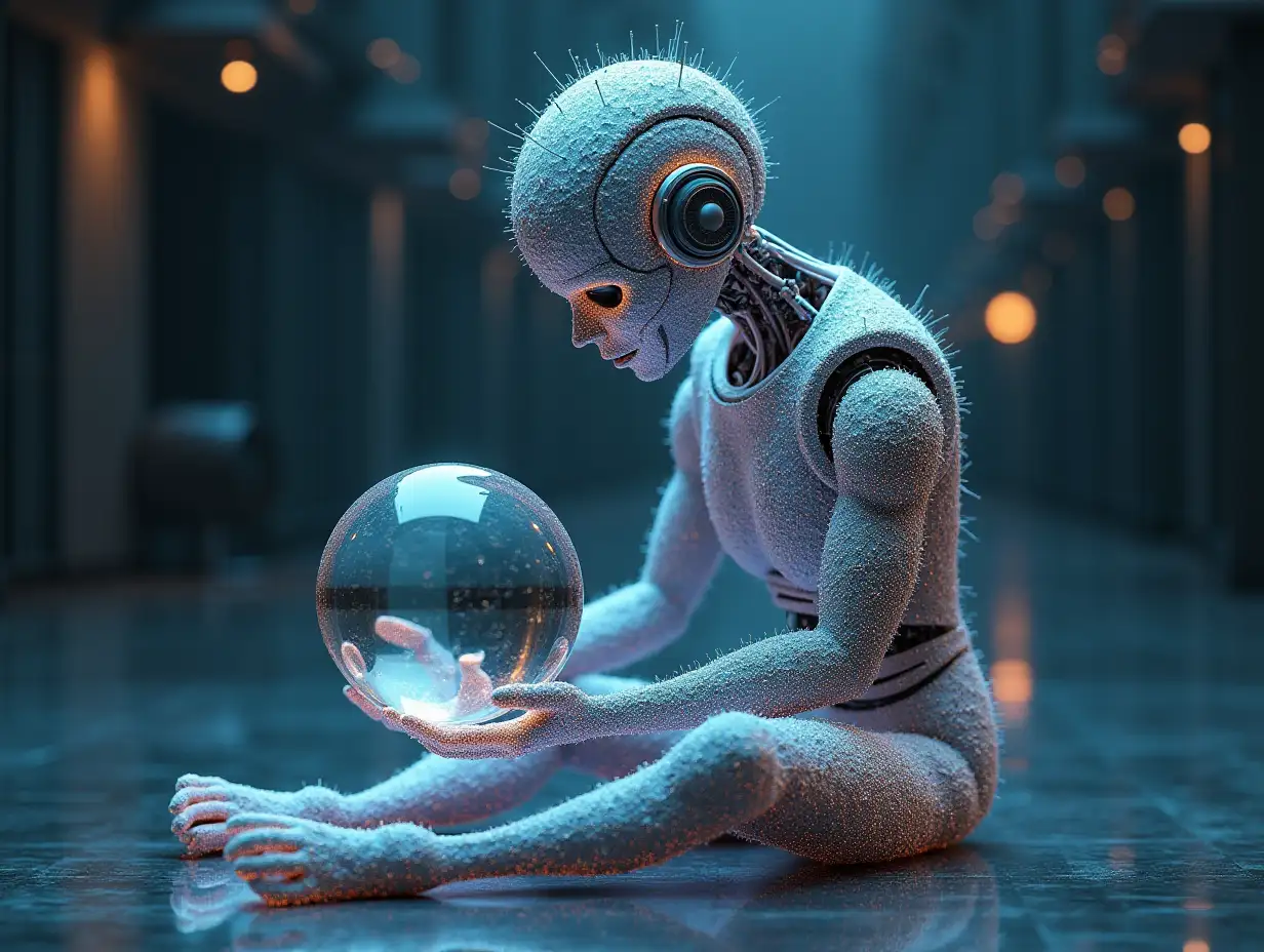 Create a high-resolution, realistic image of artificial intelligence (humanoid mixed Fractals colored, two meters with a large glass ball in hand, headphones, arms and legs on the floor in 4k resolution