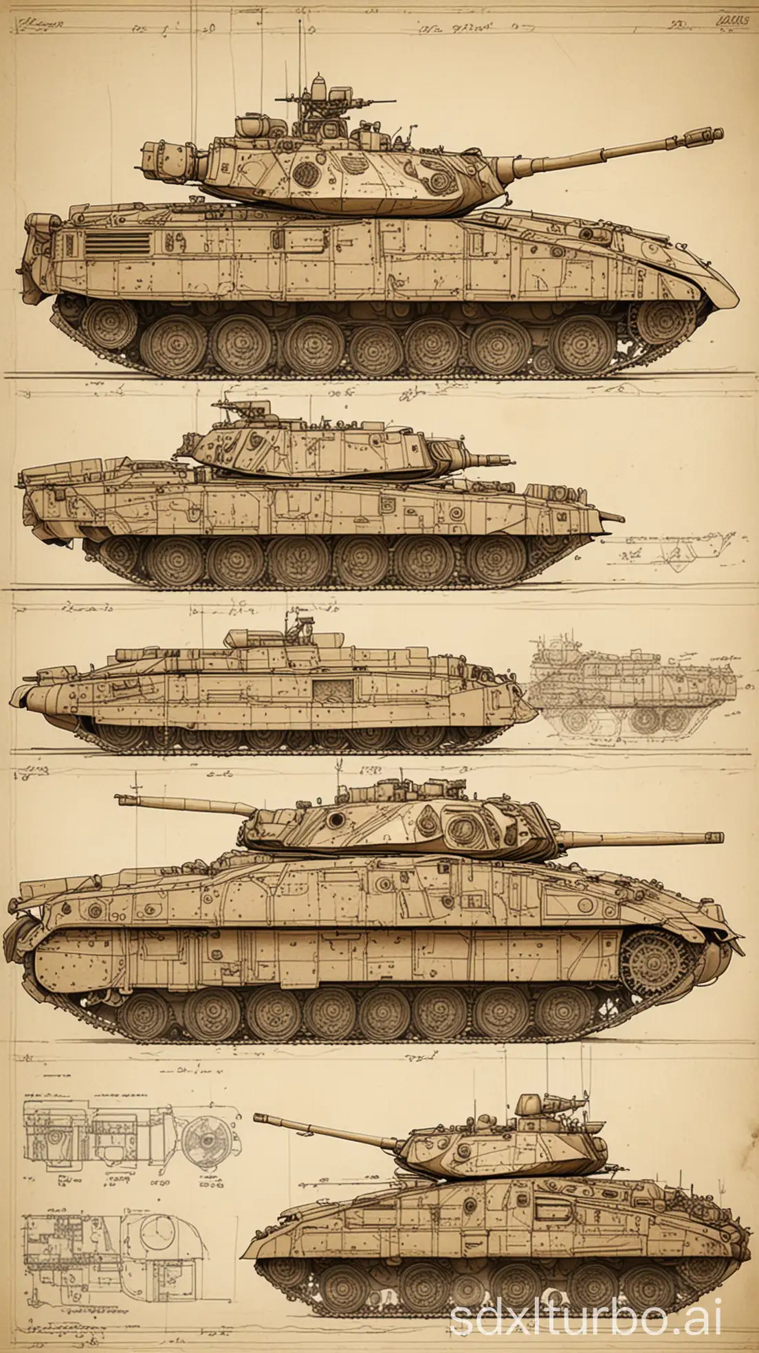 blueprints of a military tank in the style of the codex seraphinianus