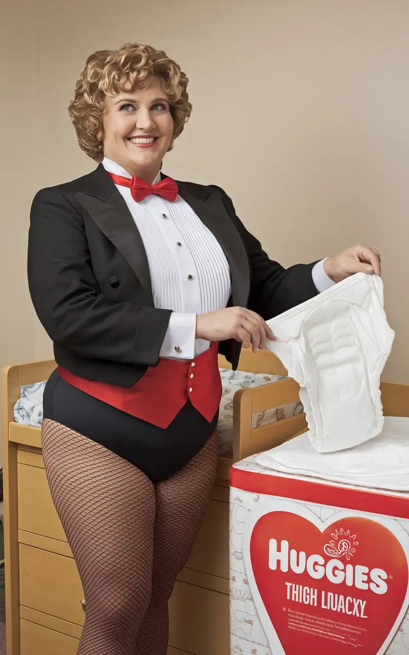 Smiling-Caucasian-Woman-in-Formal-Tuxedo-Unfolding-Huggies-Diaper-in-Nursery