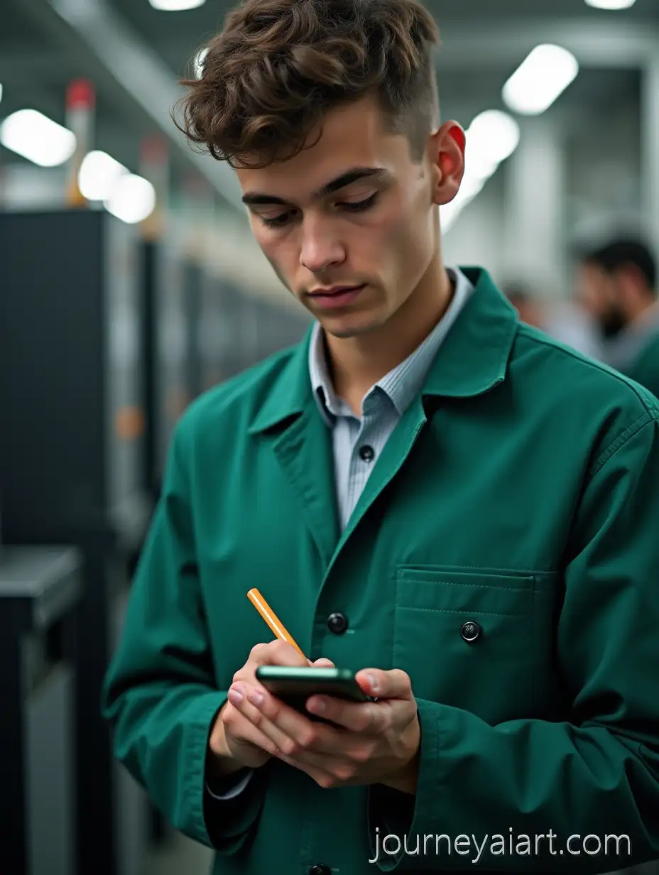 Young-Technician-Writing-on-Smartphone-Beside-Sheetfed-Offset-Printing-Machine