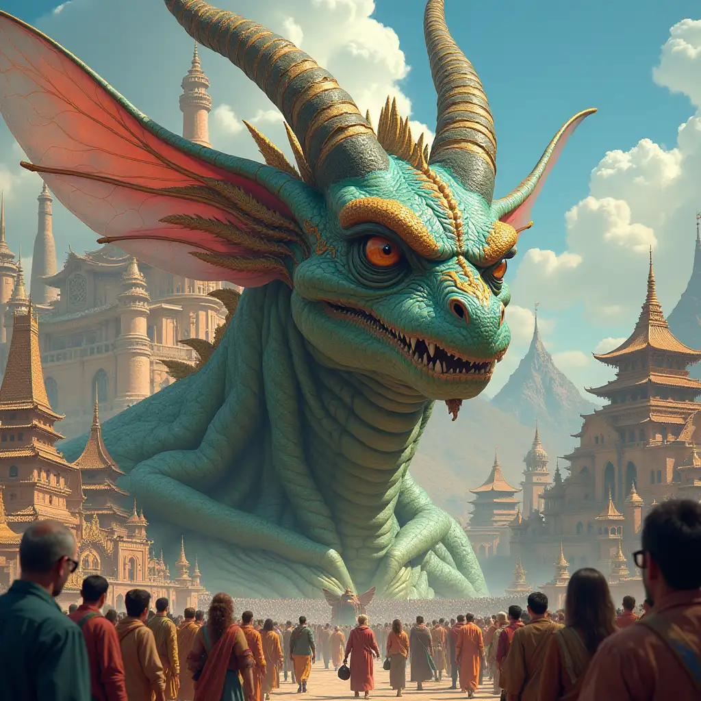 Ultra detailed hyperrealistic portrait of a giant with dragonfly head in front of a palace with many people on elaborately detailed, colorful