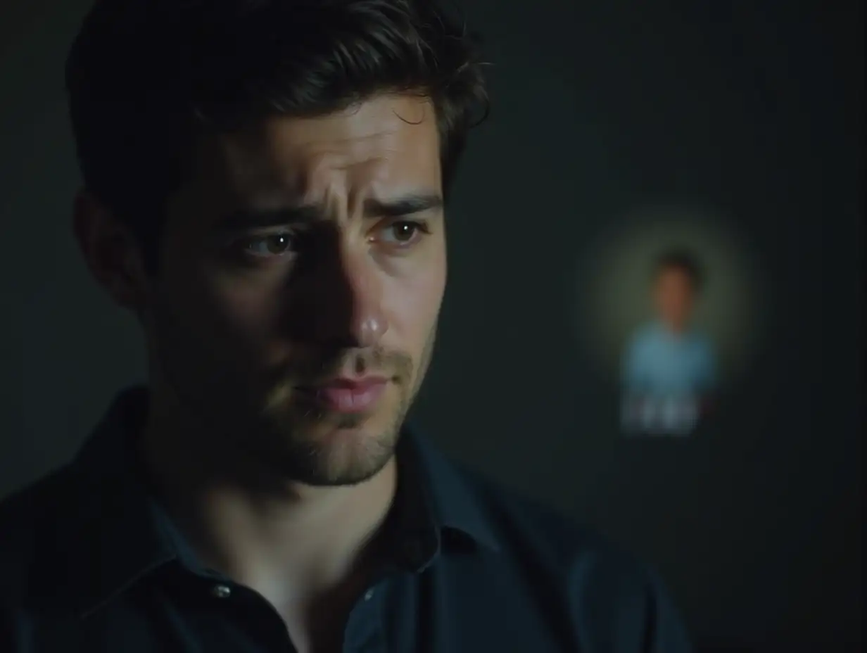 A close-up of a man standing alone in a dimly lit room, his face showing a moment of reflection after facing rejection. In the background, a faint image of his younger, less confident self ('TPF') contrasts with his current self, suggesting the personal growth journey toward becoming a 'PAS.' His expression is thoughtful but determined.