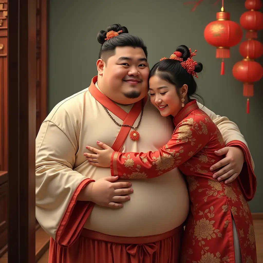 A fat guy in traditional Chinese attire looking the mirror and a girl hugging him from behind with Chinese traditional attire too