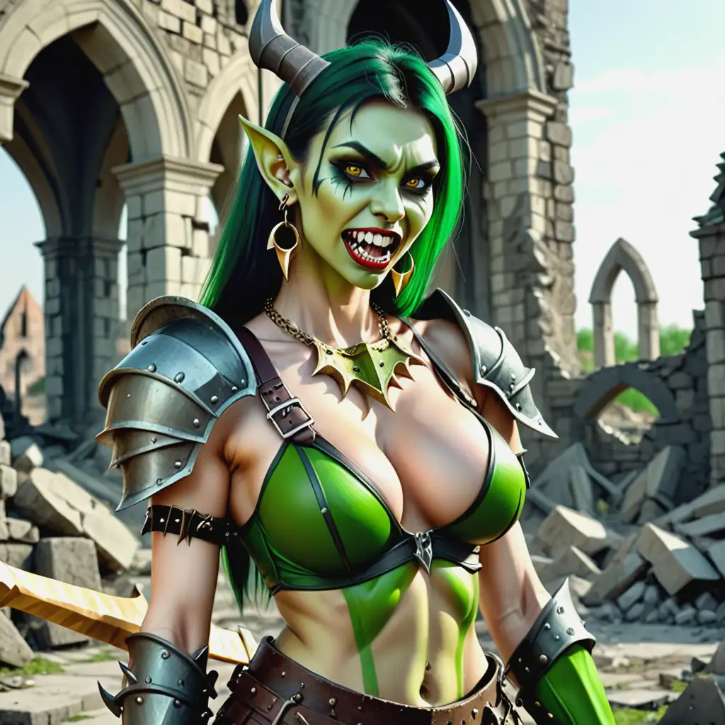 Fantasy-GreenSkinned-Warrior-Woman-in-Medieval-City-Ruins