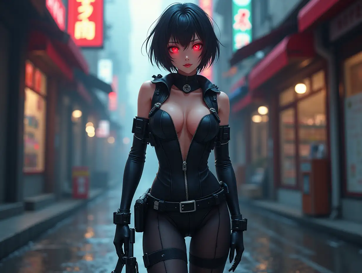 Short hair, mature Asian woman thief cyber runner in a dynamic full-length pose, eyes with red electronic pupils, large breast, extreme skintight body glove zipped down with cleavage, combat boots and combat belt. Full view of her body from boots up, low wide angle. Future store filled city alley street. Anime