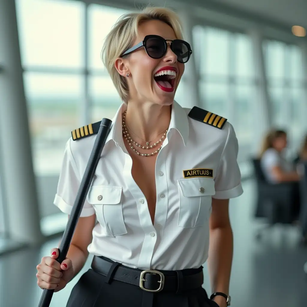 norvegian screaming pilot lady , in white deep-necked airport security shirt, laughing with her mouth open, red lipstick accentuating her smile,belt on waist, big wide hips, chest are fully grown, jewerly, short hair, HD, holds long riding crop, photo-realism, enjoing on airport