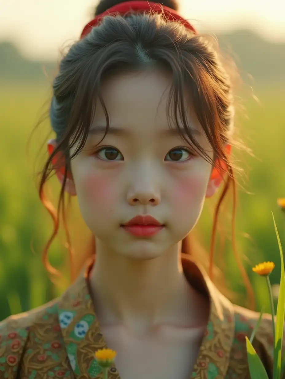 Beautiful-Chinese-Girl-in-a-Green-Field-at-Dawn-with-Morning-Light-and-Natural-Beauty