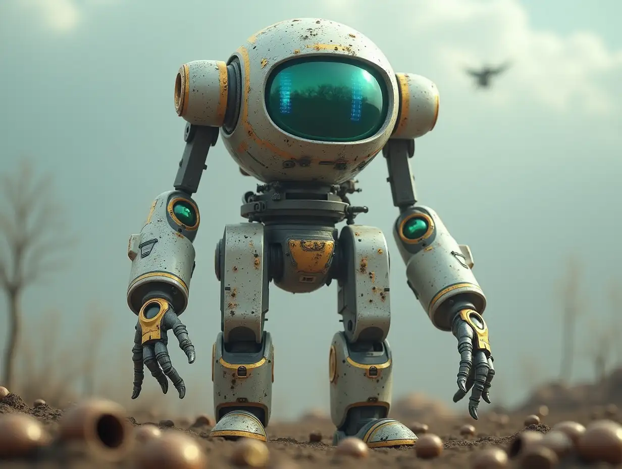 Create a high-resolution, realistic image of artificial intelligence Robert, 15 meters high, with eyes, arms and legs, with feathers on the cheeks and a glass helmet with a glass brain, screws made of gold with many grenades on the ground, in the VEUS with aliens 4k resolution with.