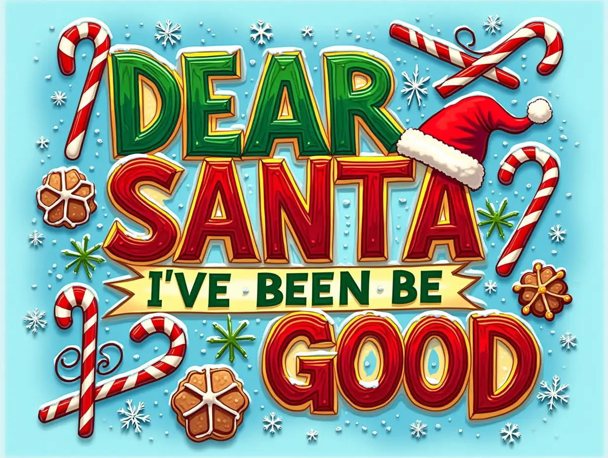 Vector illustration, Art style: stained glass, Art inspiration: realistic description. Create a vibrant Christmas-themed design featuring the phrase 'DEAR SANTA I'VE BEEN GOOD' in bold, playful typography. The letters should be bright in colors like green, red, yellow, and blue for a festive contrast. Surround the text with whimsical holiday elements such as candy canes, snowflakes, a Santa hat, and decorated cookies. Use a soft blue background to suggest a wintery scene, accented with glimmers of snow and frost. The overall aesthetic should be bright and festive, evoking joy and anticipation for the holiday season, reminiscent of pop art or graphic illustrations.