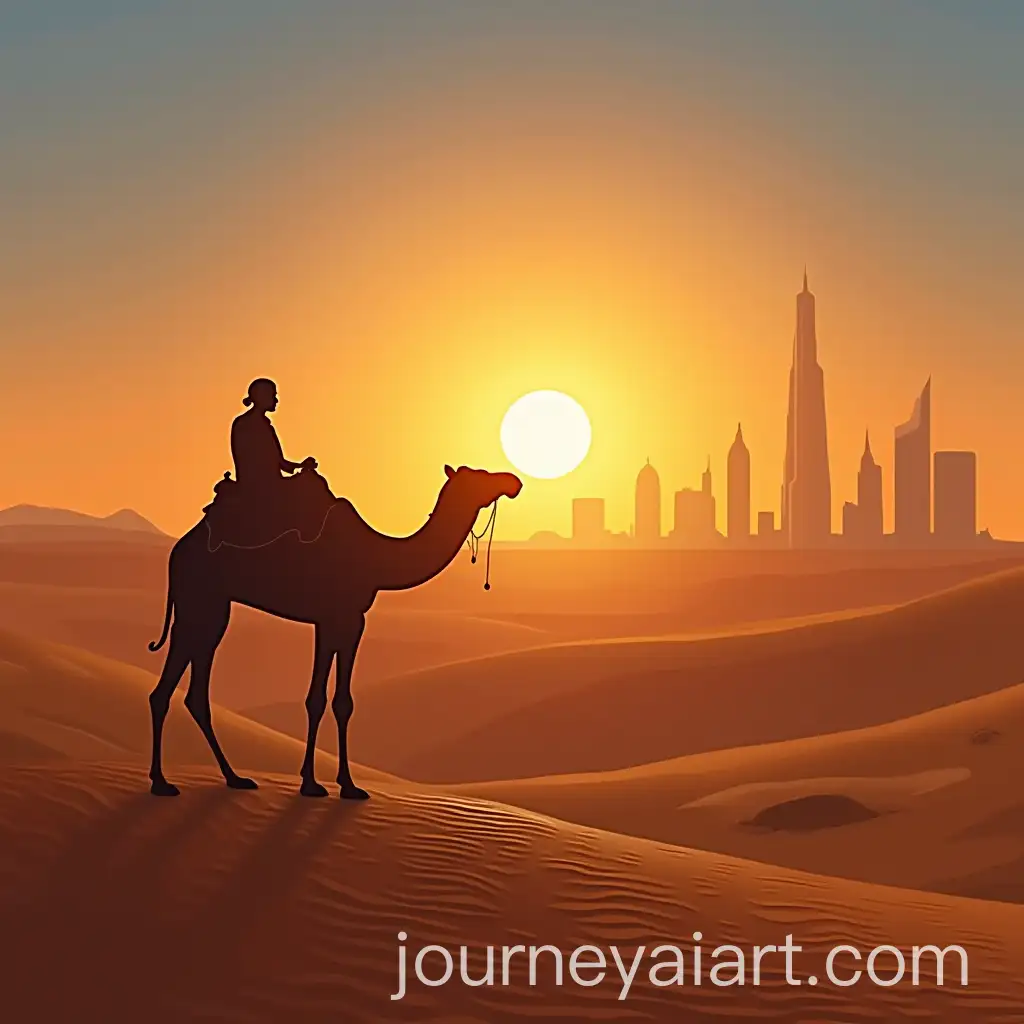 Desert-Landscape-at-Sunset-with-Camel-and-Skyscrapers