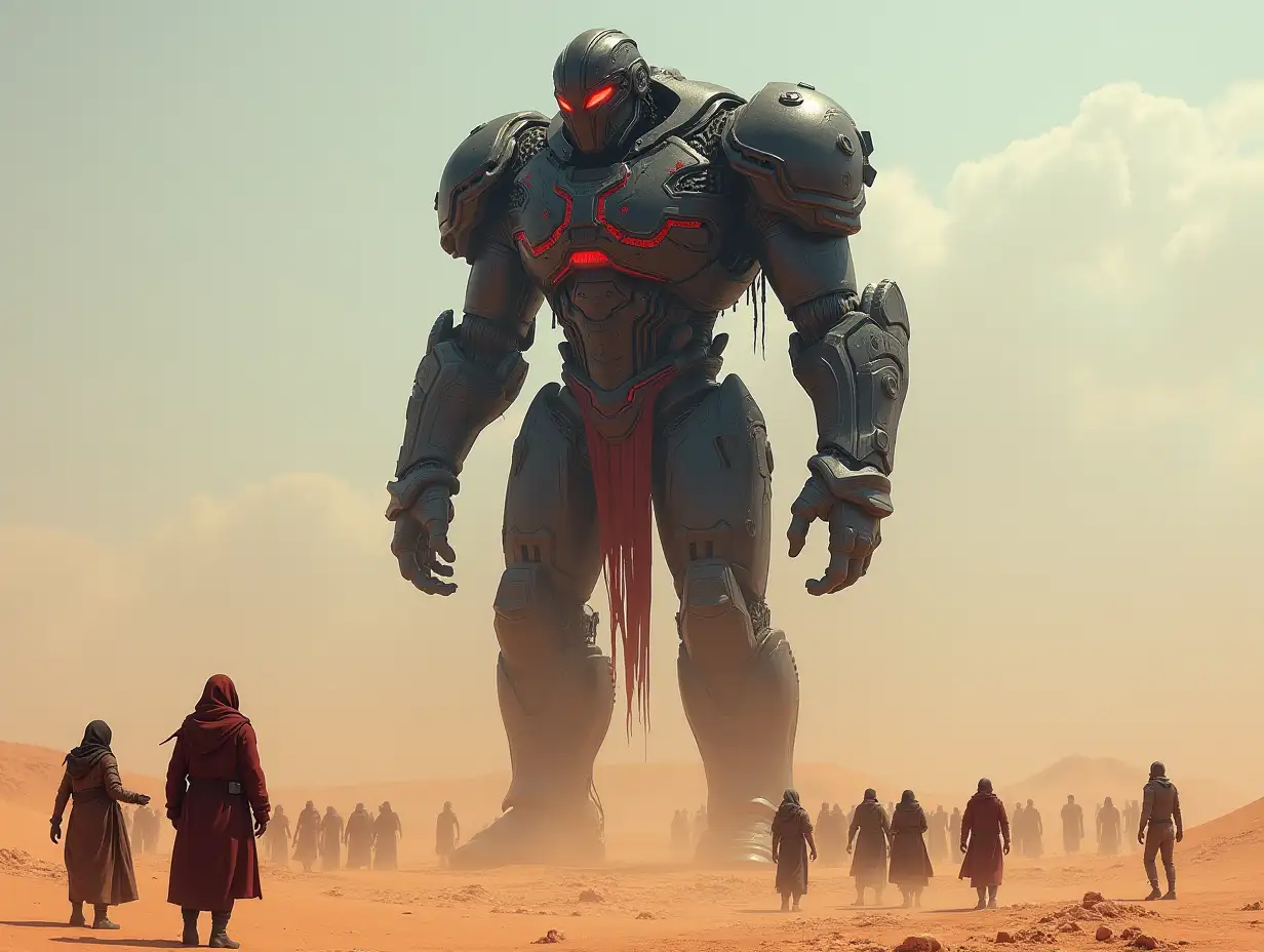 Create for me a 20 meter Android Titan Cyber Troll in black red with armor in a vast desert with many people