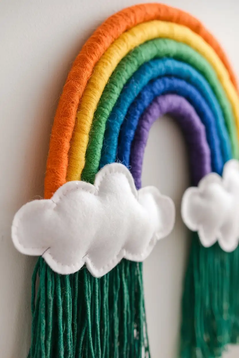 Front shot, realistic St. Patrick's Day decor, a vibrant rainbow wall hanging made of colorful yarn and felt clouds, displayed against a white wall, natural sunlight, close-up shot, 4k, professional photography