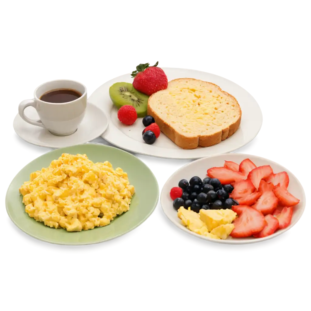 Scrambled-Eggs-Breakfast-Plate-PNG-Coffee-Fruit-Salad-Cake-and-Bread-Perspective