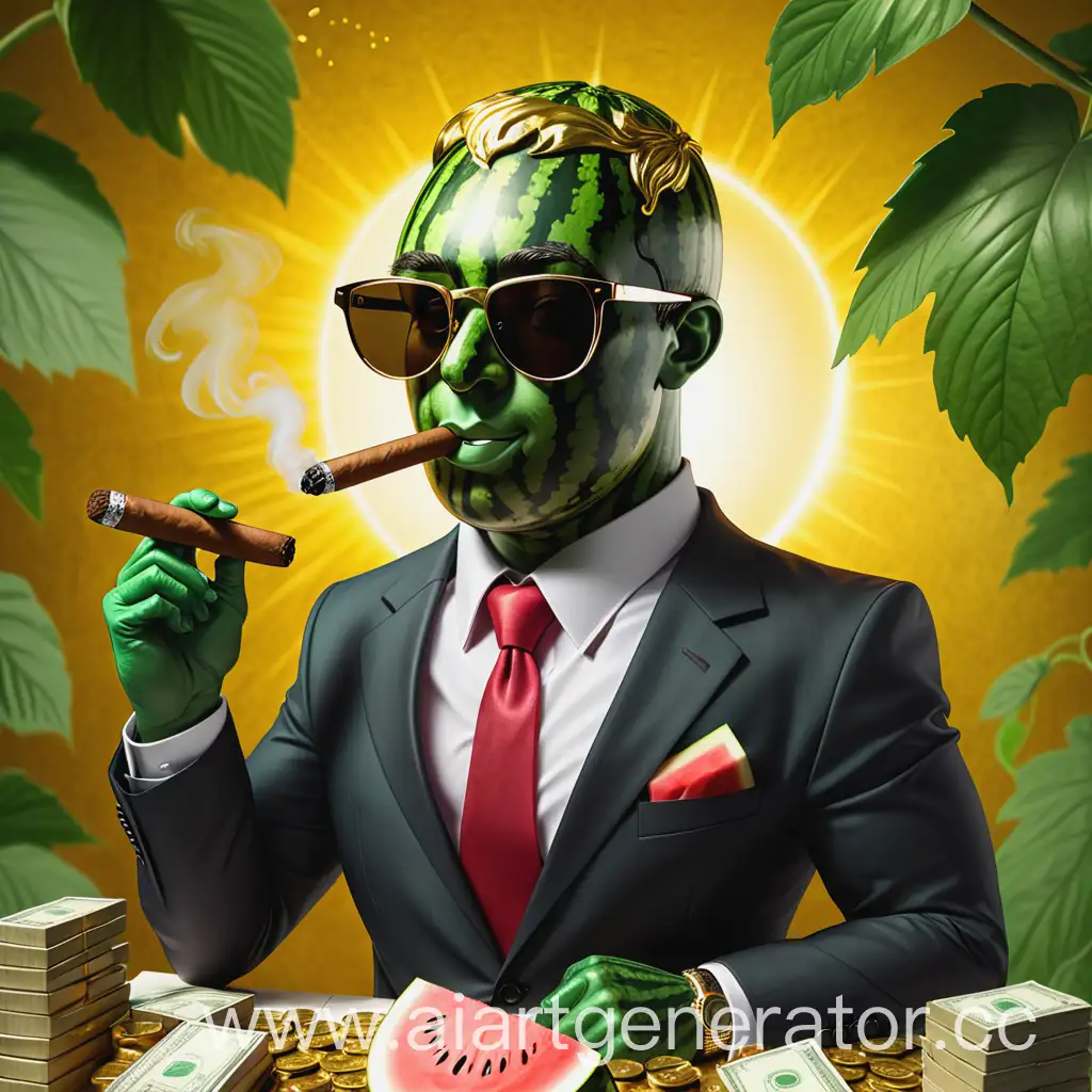 Business-Watermelon-with-Sunglasses-Surrounded-by-Gold-and-Money