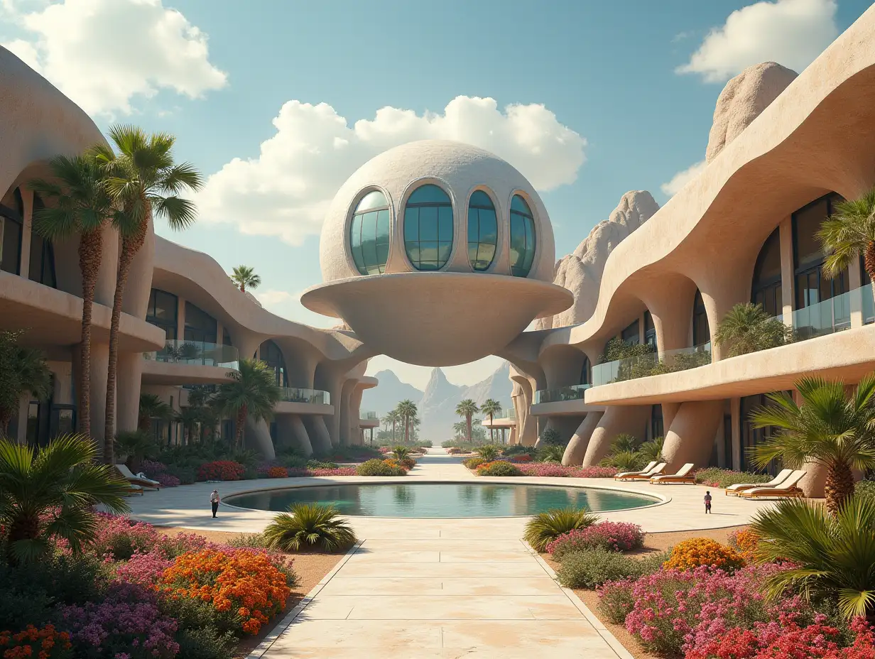 Create a high-resolution, realistic panorama image of a futuristic terrace building with window globe palace with bridge, one and one with people, many plants and colorful flowers White and brown facades before walkway of the desert oasis, big trees, very cloudy sky