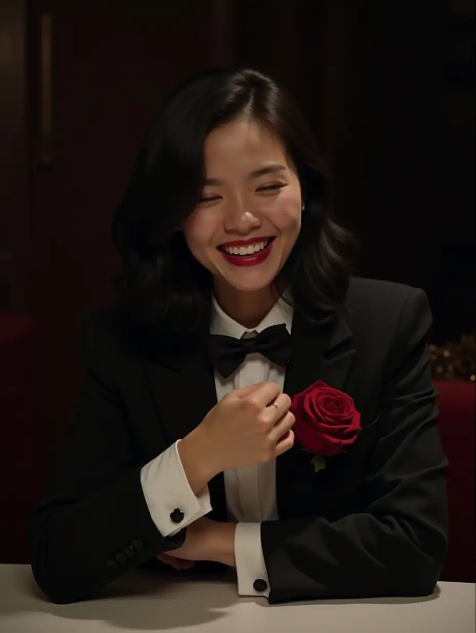 Joyful-Asian-Woman-in-Tuxedo-Smiling-at-Table-in-Dark-Room