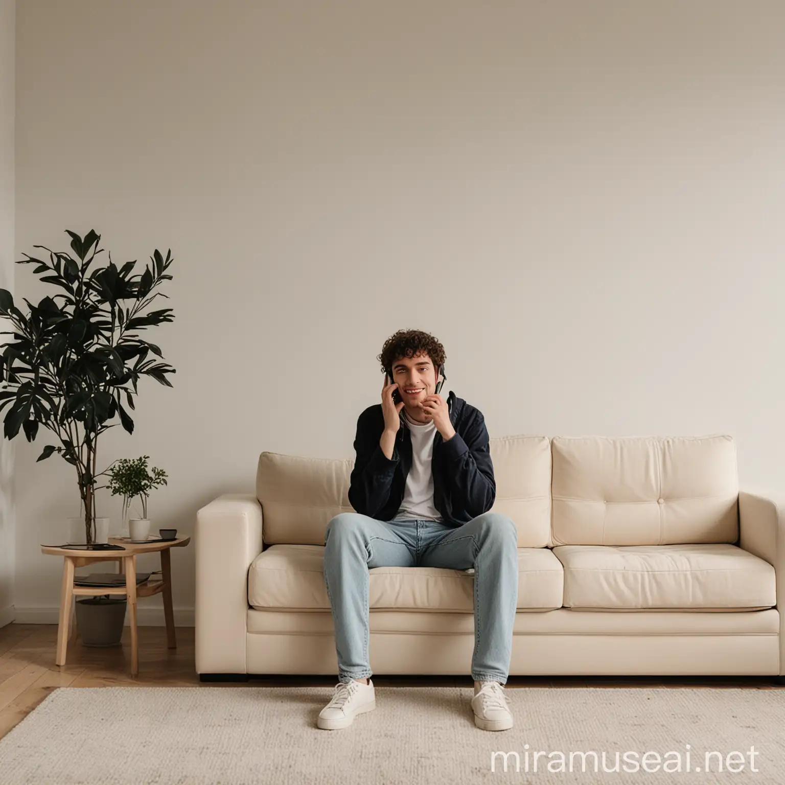 Young Person Talking on Cellphone in Minimalist Living Room