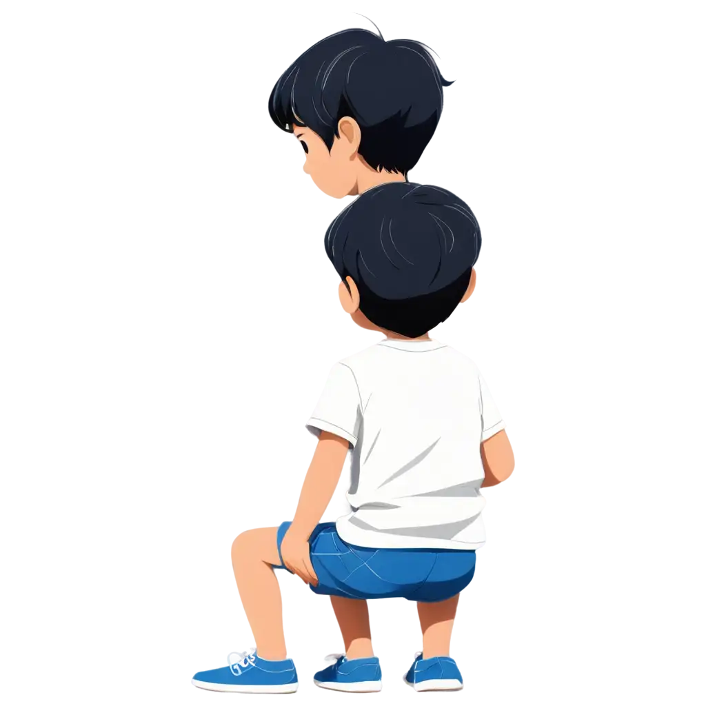 PNG-Cartoon-Style-Illustration-of-BlackHaired-Boys-in-White-TShirt-and-Blue-Shorts-Cute-Simple-Animation-Set