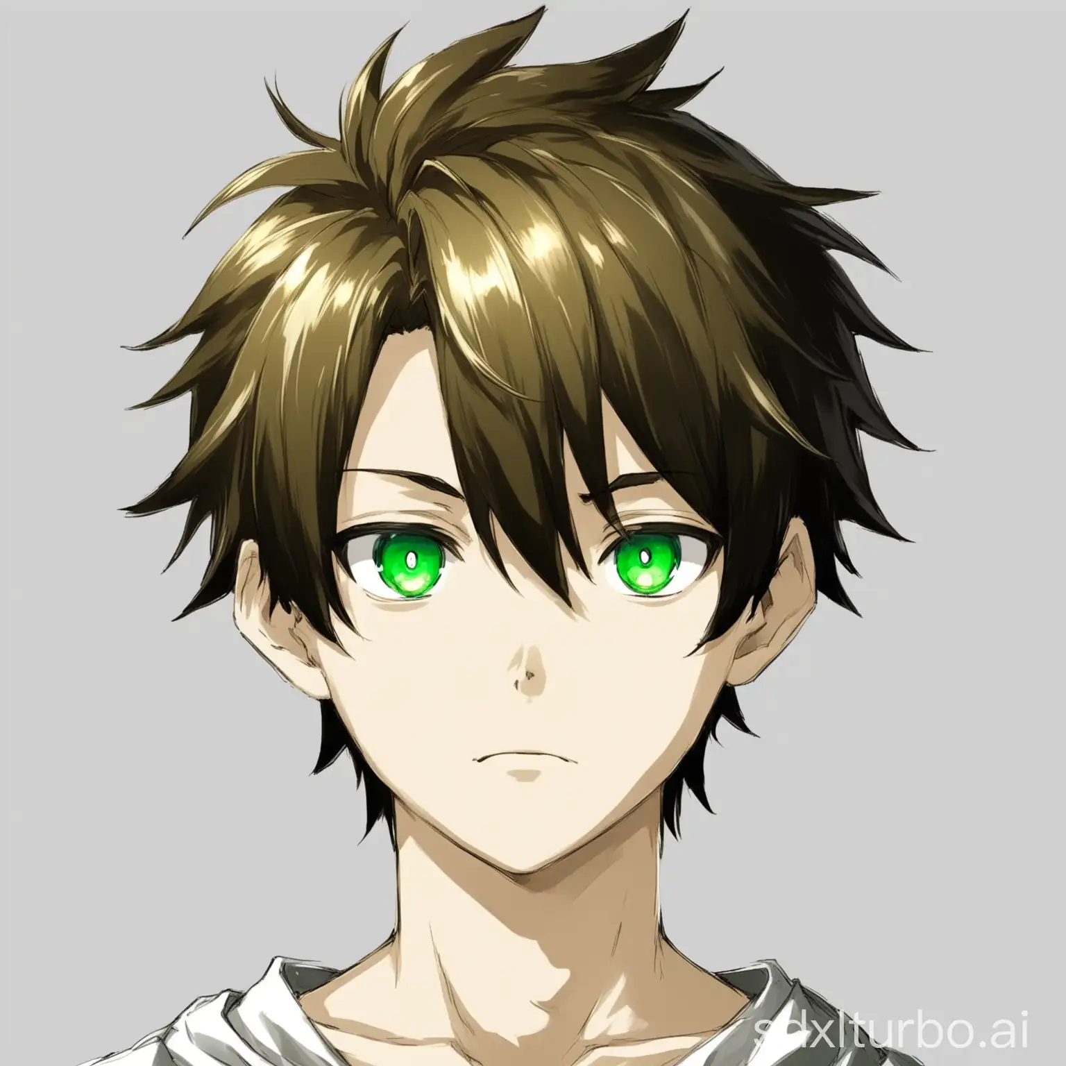 anime character head only, 18 years old looking boy, white tone skin, with dark gold hair, green eyes, small nose