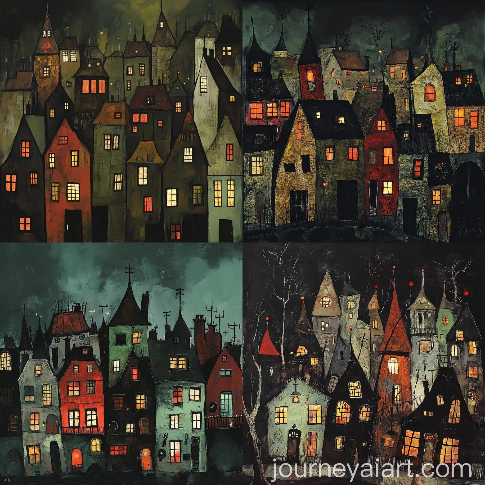 Whimsical-Suburban-Scene-at-Night-with-OddShaped-Houses