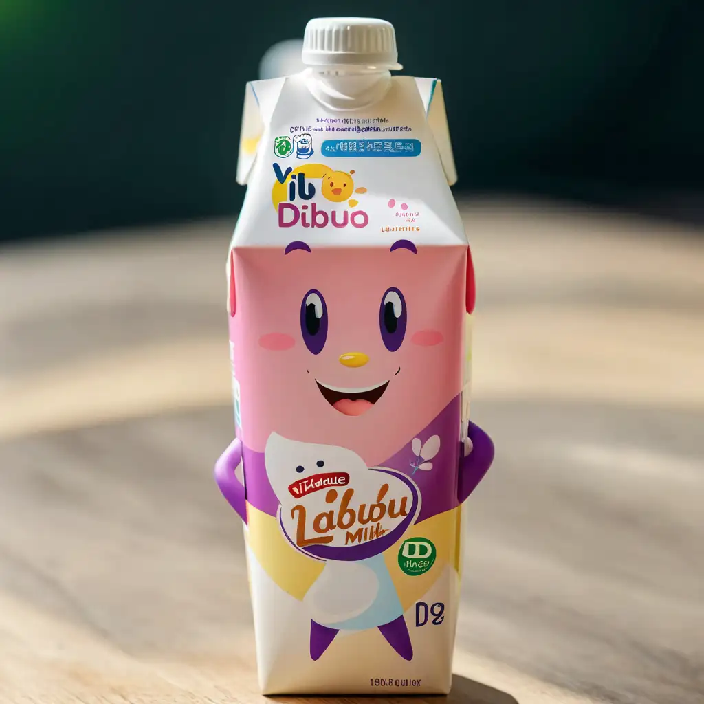 Tetrapak Packaging Design for Kids Flavored Milk with Labubu Character and Vitamin D for Strong Immunity