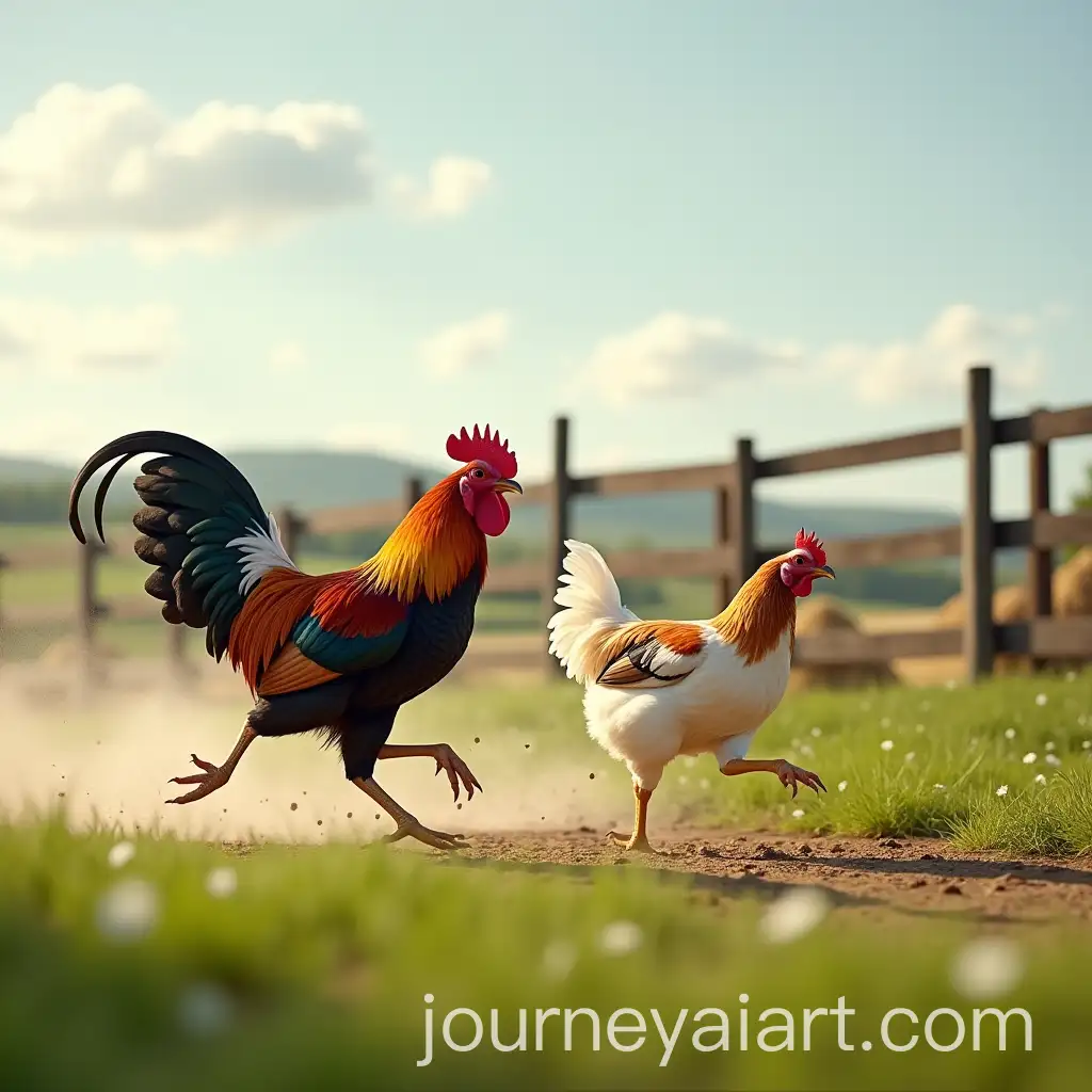 Rooster-Chasing-Hen-in-Lively-Farmyard-Scene