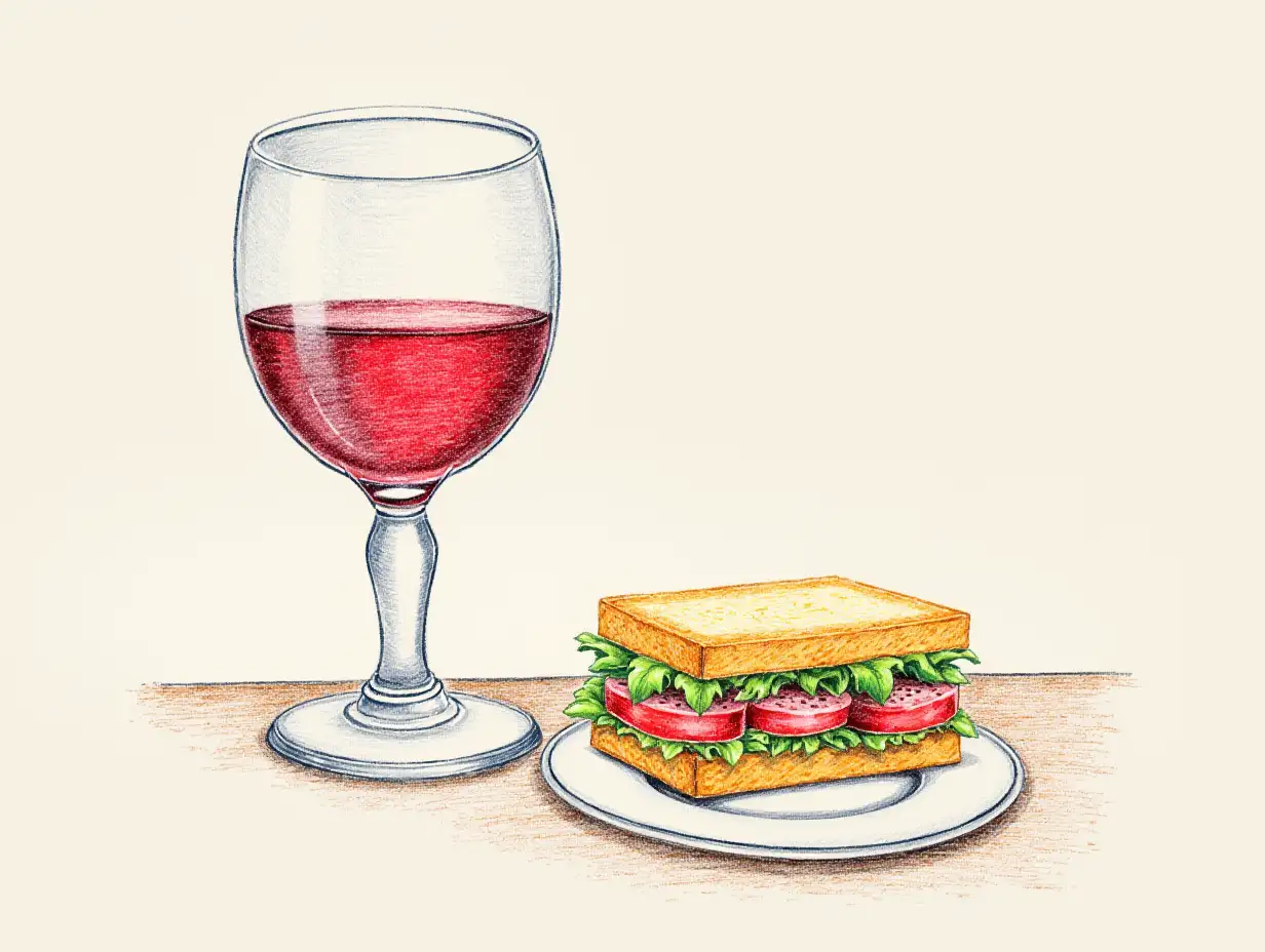 A table has red wine and a glass on it, with a sandwich beside it. Drawing made with color pencils.