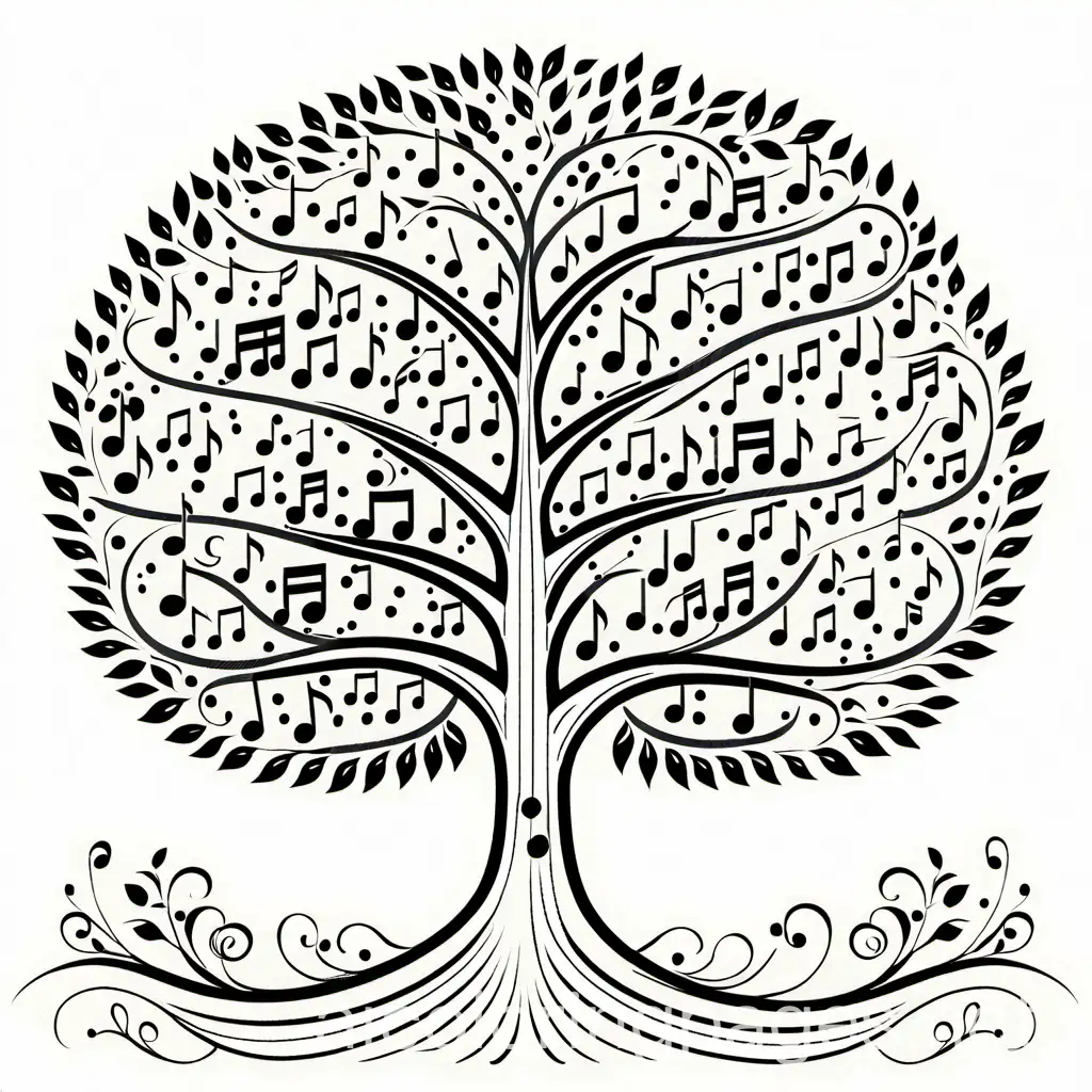 a tree with music notes as leaves, Coloring Page, black and white, line art, white background, Simplicity, Ample White Space. The background of the coloring page is plain white to make it easy for young children to color within the lines. The outlines of all the subjects are easy to distinguish, making it simple for kids to color without too much difficulty