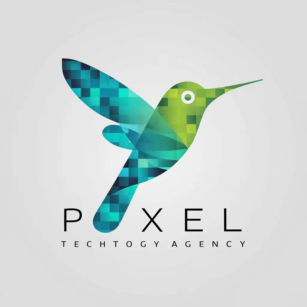 a vector logo design,with the text "Logo for an SMM agency with a smooth gradient made of pixels, creating a modern and dynamic look. Primary Color: Neon Blue (Pantone 285 C) - symbolizes technology. Accent Color: Bright Green (Pantone 802 C) - reflects environmental awareness. Complementary Color: a gradient, white background, add the name 'Pixel'", main symbol:Hummingbird,Minimalistic,be used in Technology industry,clear background