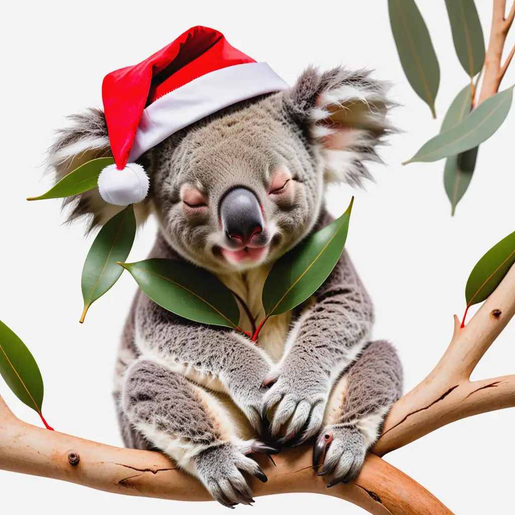 Sleeping Koala in Santa Hat on Gumtree Against White Background