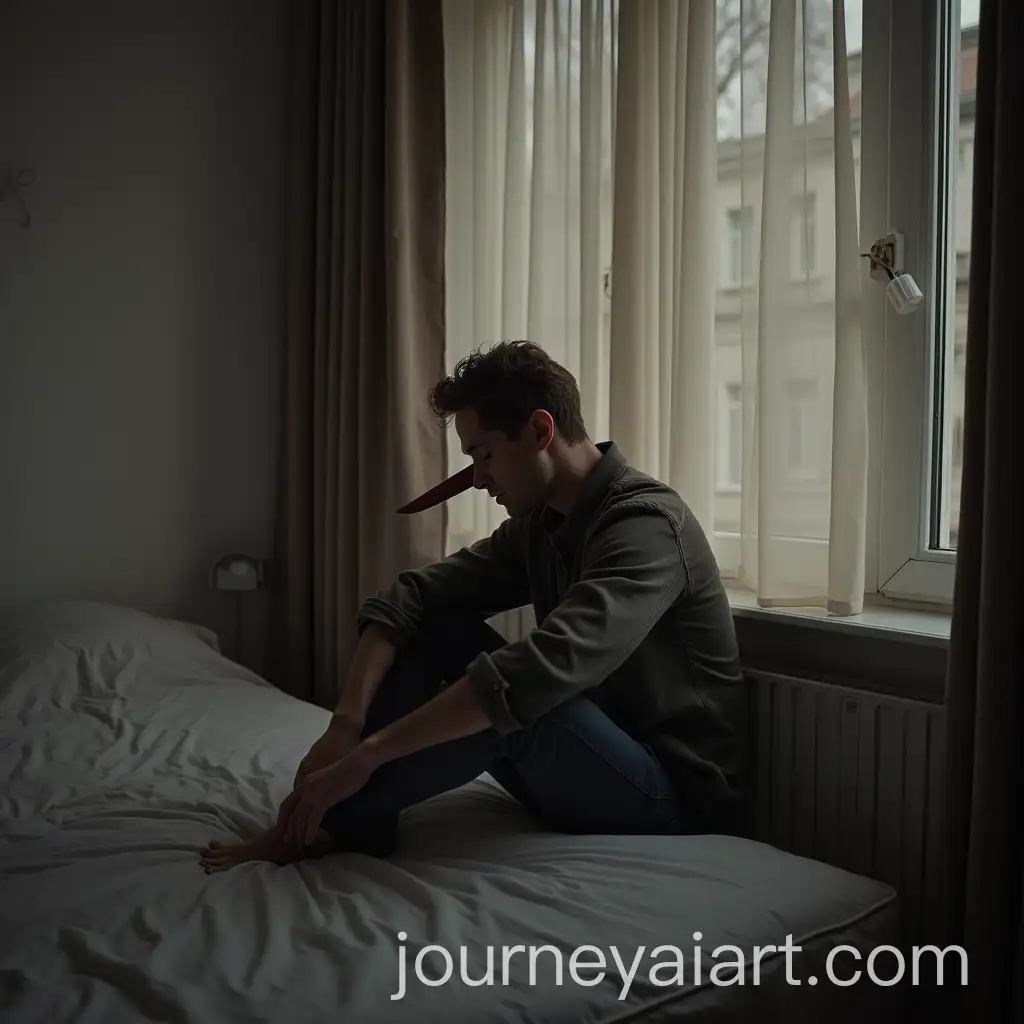 Man-with-Long-Nose-and-OCD-Sitting-Alone-on-a-Bed-in-Berlin