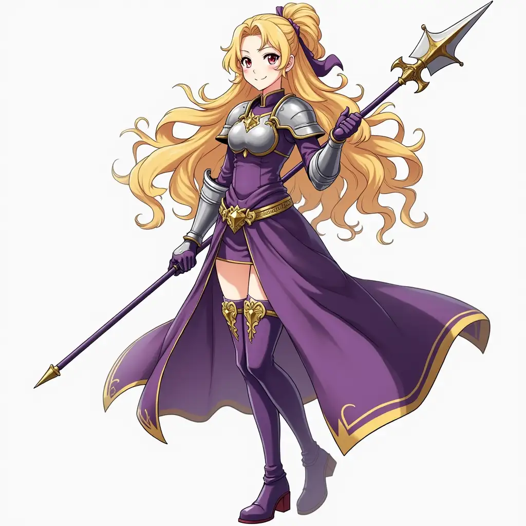 Fire Emblem style, anime, three-quarter view, evil, smirking, teenager, young woman, long hair, very curly hair, asymmetrical hair part, twintail hair, ojou ringlets, blonde hair, beautiful, sky knight, Roman, purple tunic, silver armor, gold embroidery, purple shoes, thigh boots, spear, full body portrait,