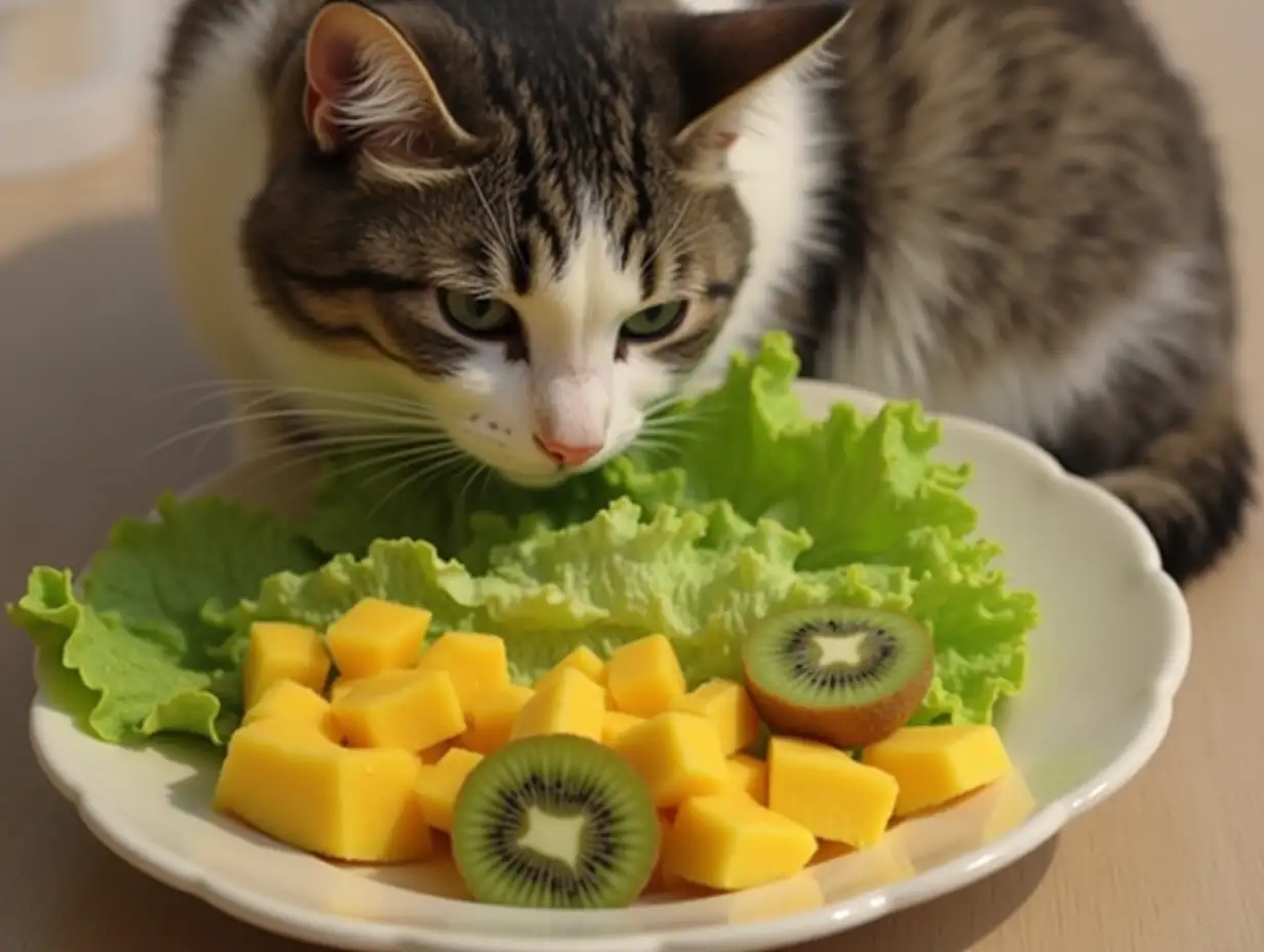 My cat loves to eat green lettuce with kiwi and mango