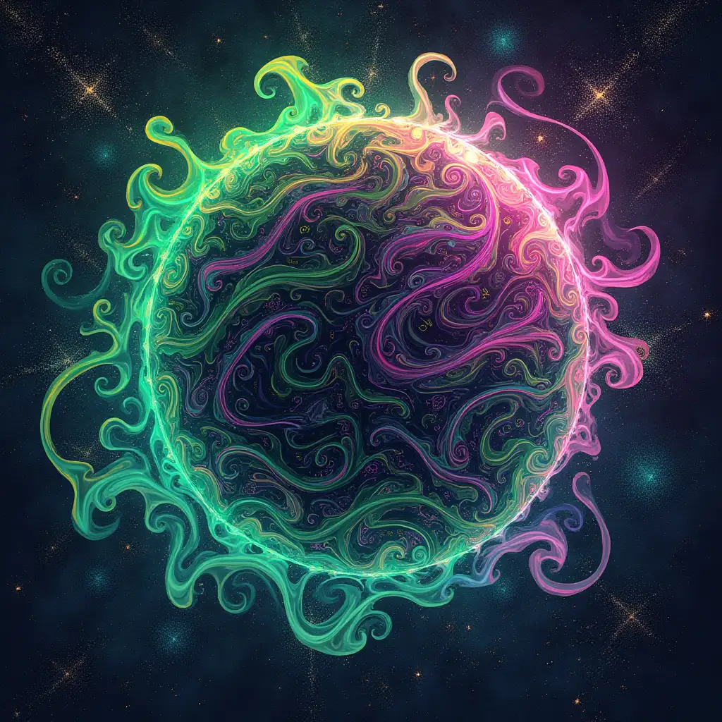 an abstract image of Rahu as a planet, using a psychedelic color palette of vibrant, acid greens, electric purples, and toxic pinks. The portrayal should highlight the planet's swirling, chaotic atmosphere with dynamic patterns and fluid forms, conveying a sense of transformation and mystique. Incorporate iridescent effects and bold contrasts to enhance the otherworldly feel, suggesting the influence of illusion and desire associated with Rahu. Surround the planet with cosmic elements, such as shimmering stars or nebulous clouds, to emphasize its position in the universe. The overall composition should evoke a sense of intrigue and energy, inviting viewers to immerse themselves in the enigmatic essence of Rahu as a celestial body