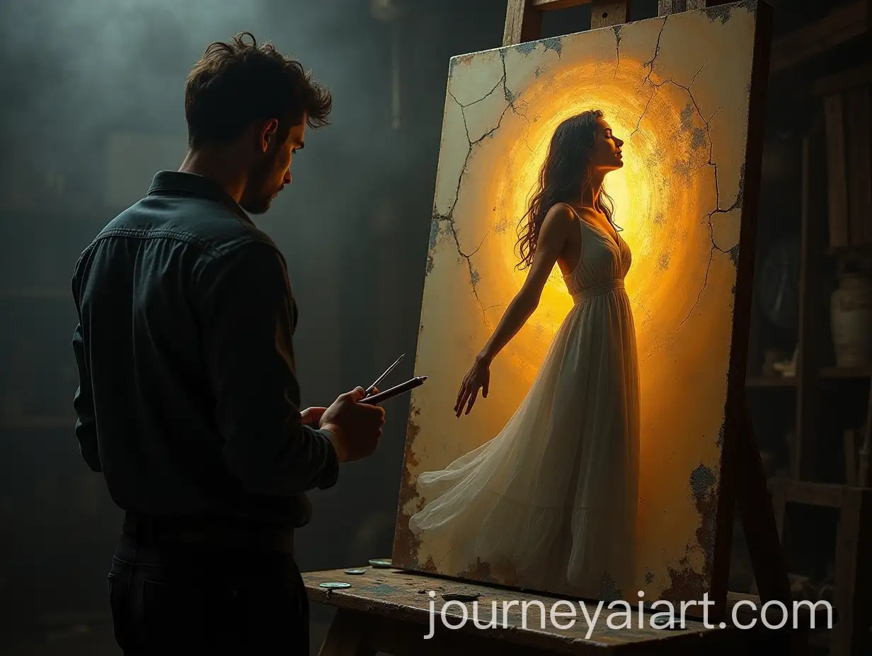 Magical-Girl-Emerging-from-an-Old-Canvas-in-an-Artists-Workshop-at-Night