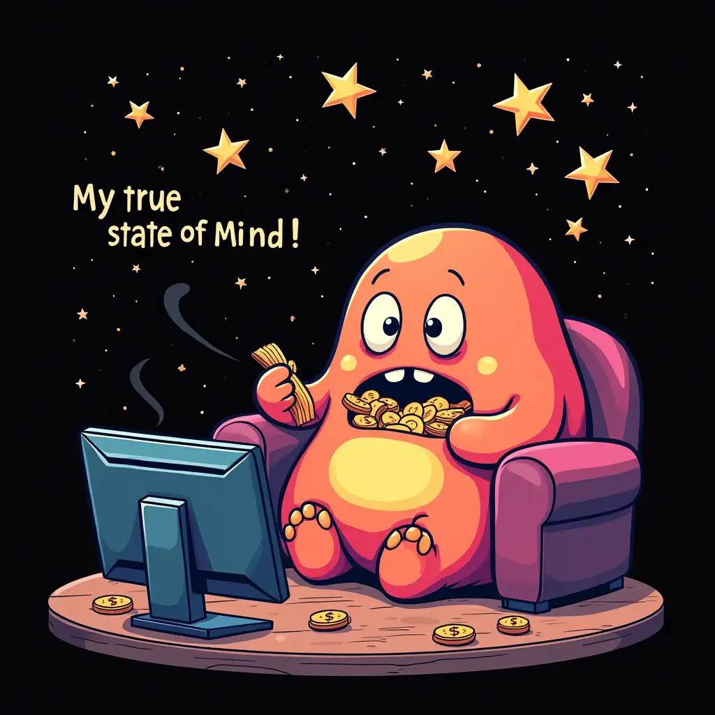 illustration suitable for screen printed T-Shirt design, concept art with mixed vegan anthropomorphic colorful A bored looking blob creature sitting on the sofa eating chips and watching reality television, there is a written word upper: MY TRUE STATE OF MIND! star skies with flying bitcoins, CGI art highly detailed, vector Flat design, clean bold, sharp crisp outlines, isolated in black background