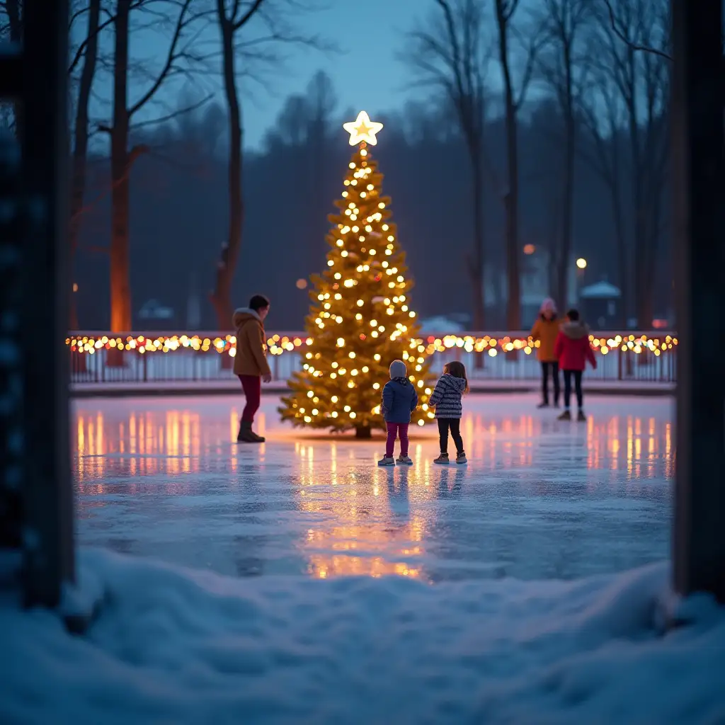 An evening ice rink in the forest with a New Year's tree on the ice and two children on the ice, surrounded by a decorated fence with multicolored lights and an entrance in the front, blurred background