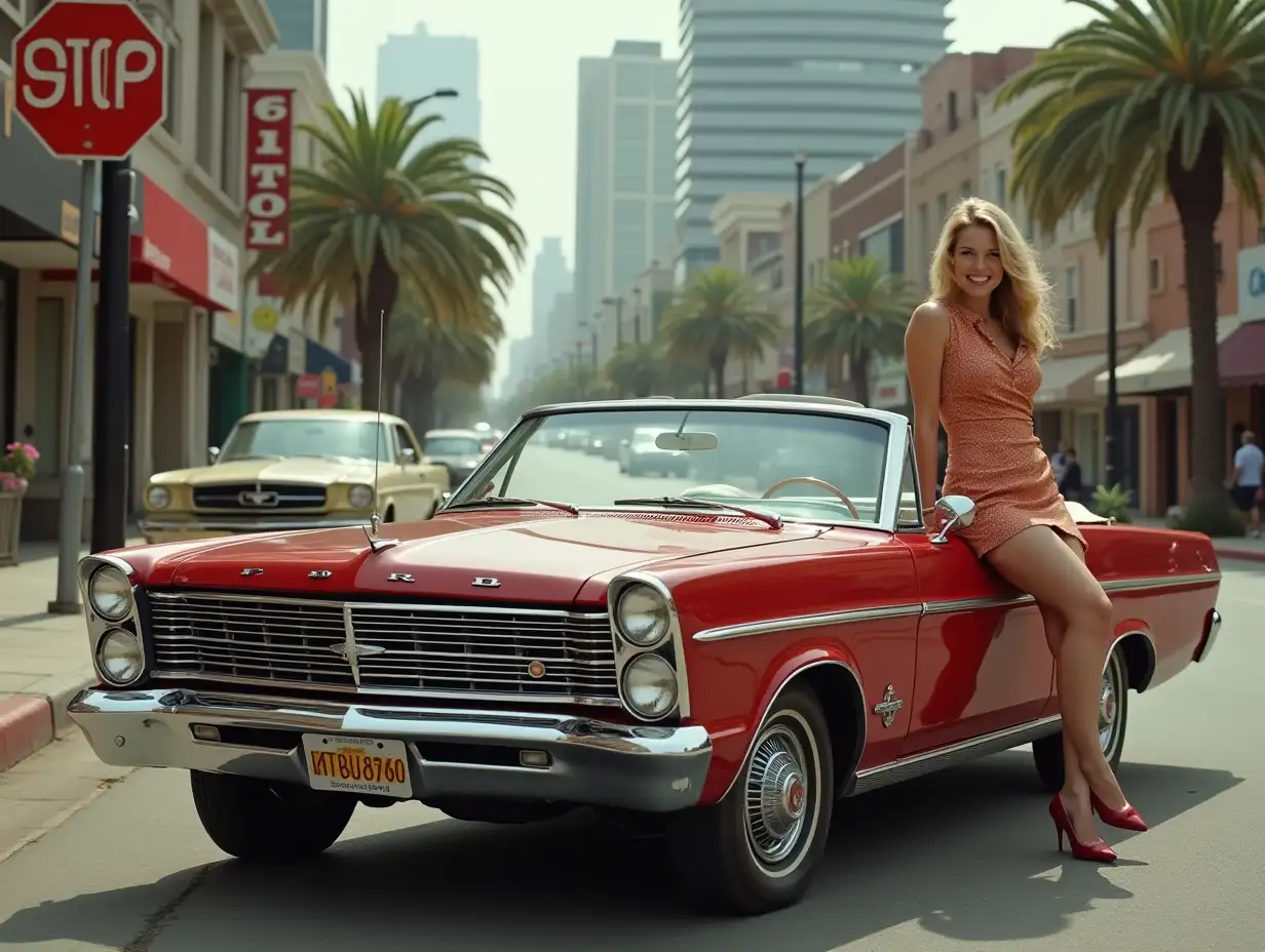 a (ultra-detailed) vintage 1967 ford galaxy 500 convertible, drivers side view'8k',macro shot,street view,a 29 year old woman smiling sitting on hood of the car dressed in 60s clothing '4k', ,capturing the essence of a bygone era, 