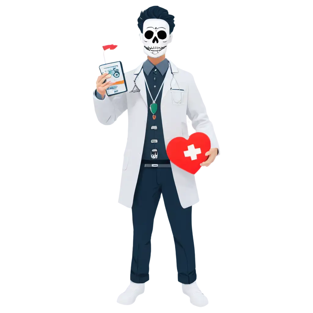 Skeleton doctor holding a defibrillator paddle in each hand