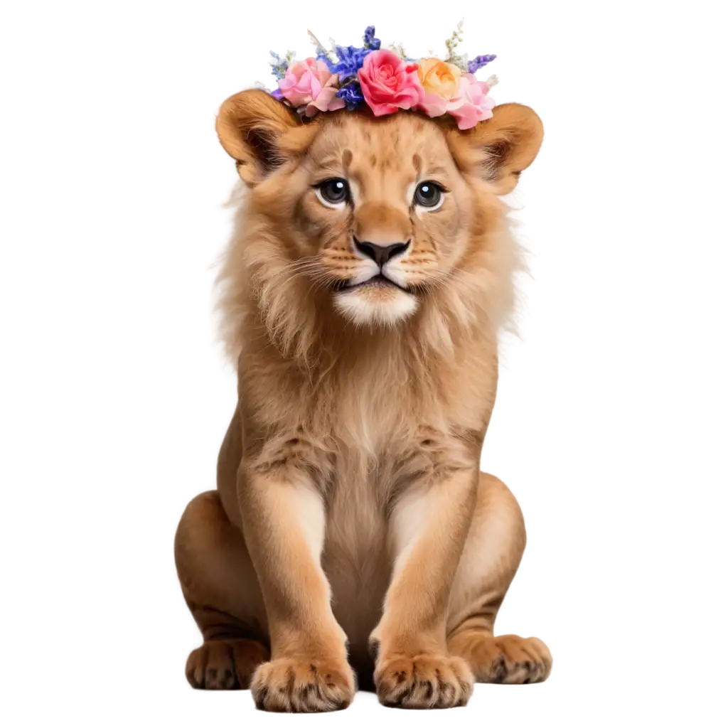 PNG-Image-of-Cute-Lion-with-Flowers-Crown-AI-Art-Prompt