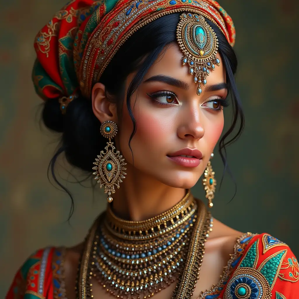 A hyperrealistic portrait of a beautiful Tunisian woman, who is wearing intricately detailed, colorful and futuristic jewelry.