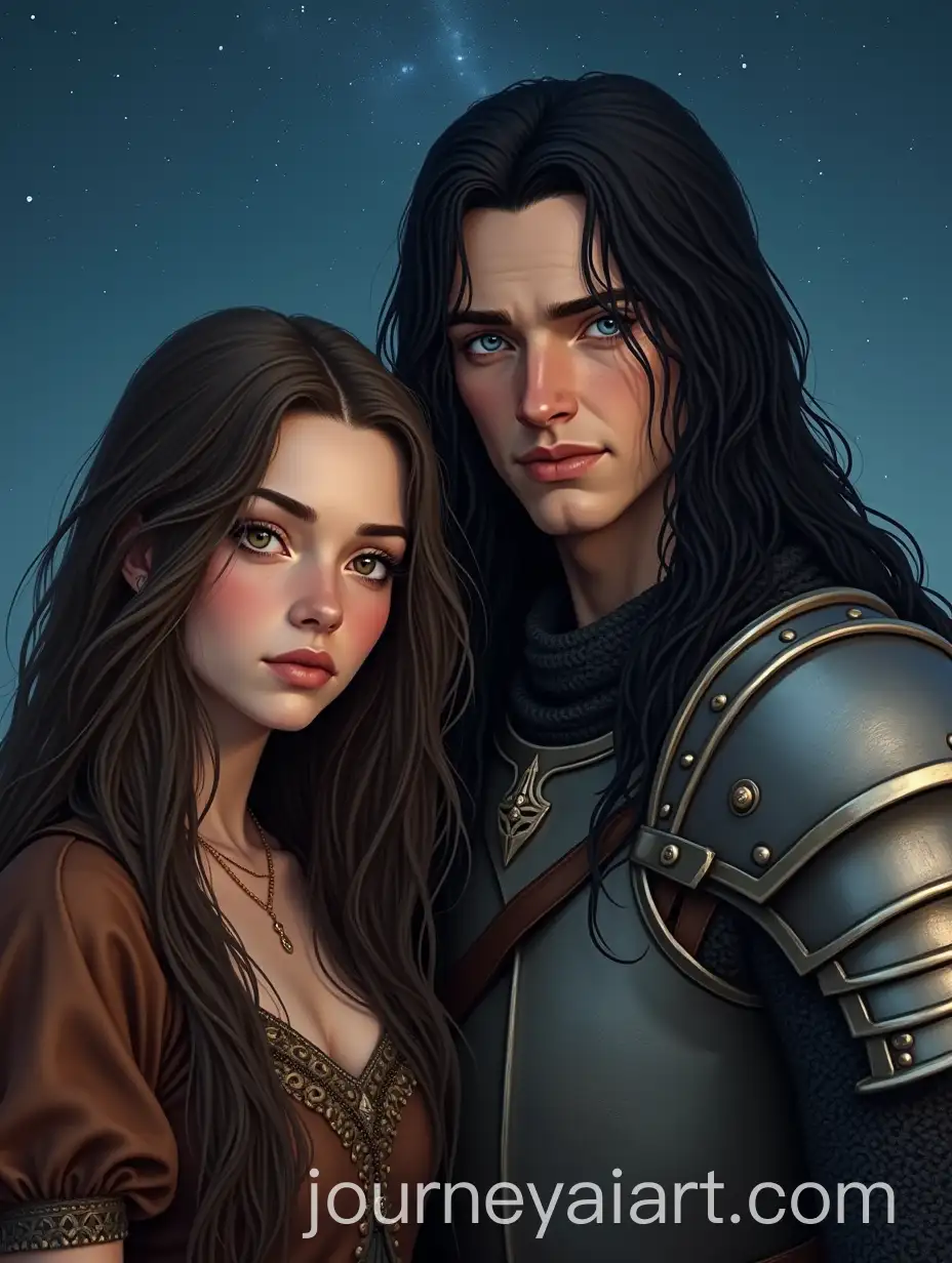 Beautiful-Young-Woman-in-Celtic-Clothes-and-Medieval-Soldier-with-Armor-Under-Starlit-Sky