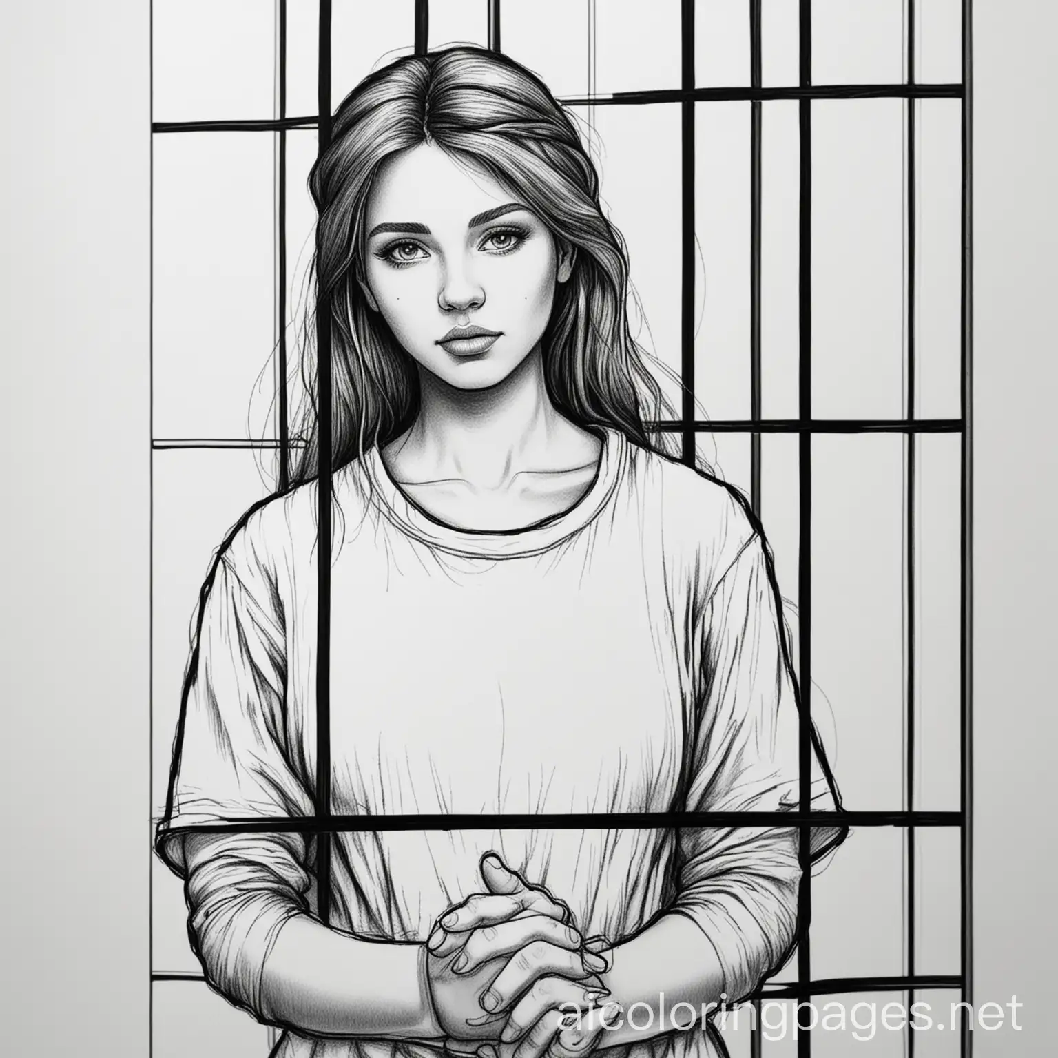 Simple-Black-and-White-Coloring-Page-of-a-Woman-in-Prison