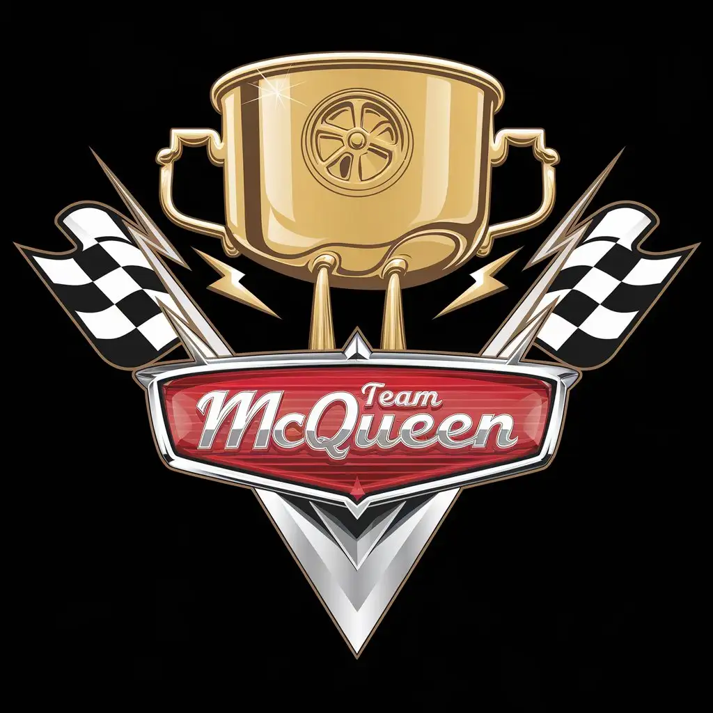 Team McQueen text, Create a 2D vector art logo featuring the same golden Piston Cup from cars movie. The design should include sleek, flat elements, with the cup prominently displayed. Incorporate the theme of 'Team McQueen' with subtle racing elements such as checkered flags or lightning bolts. Use bold, clean lines for a modern and polished look. The logo should stand out against a black background, with a vibrant color palette that represents speed and success. up to 4 colors, black background, gold accents, vector art, 'Team McQueen' text