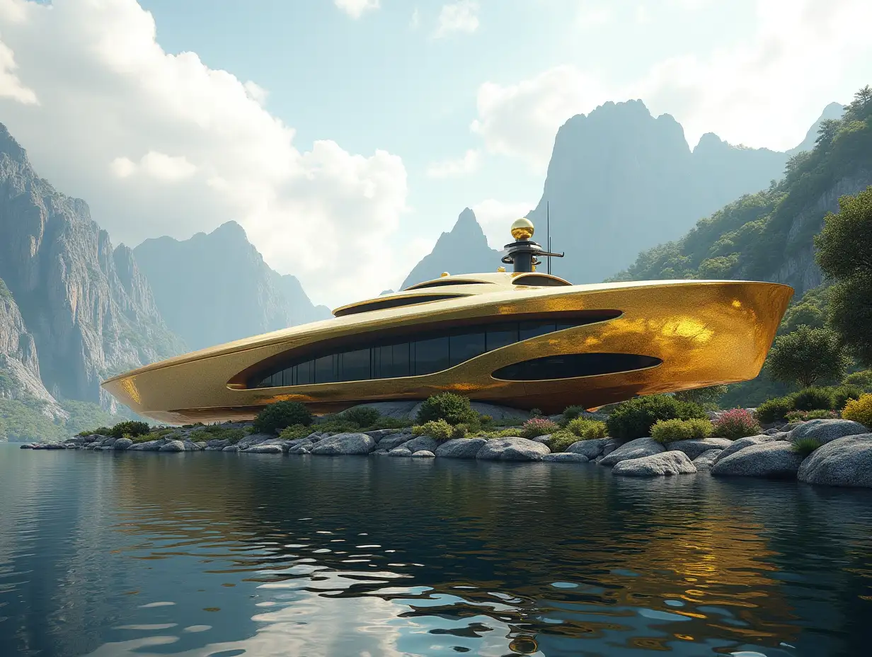 Create a high-resolution realistic image in 4k resolution a futuristic gold building with black patterned structure, mountains large trees, rocks flowers a futuristic very large yacht with glass window cloudy sky