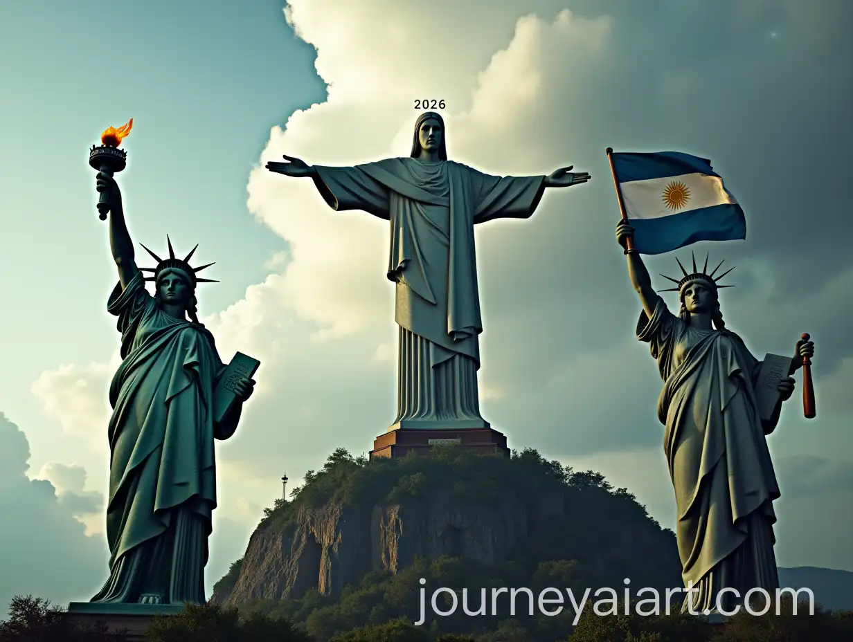 Symbolic-Scene-with-Statues-of-Liberty-Christ-the-Redeemer-and-Virgin-del-Valle-Representing-Oppression-Unity-and-Hope