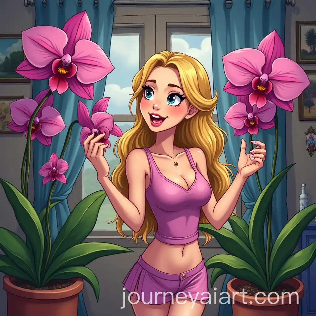 Blonde-Girl-Surrounded-by-Carnivorous-Orchids-in-Cartoon-Room