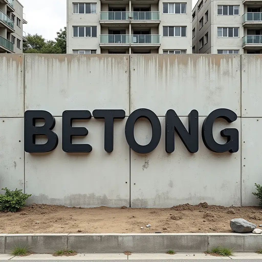 Design a striking illustration featuring the name 'BeTONG' in Cocon Regular font, styled as bold gas concrete block letters, set against a background of a gas concrete wall that's part of a partially constructed apartment building.