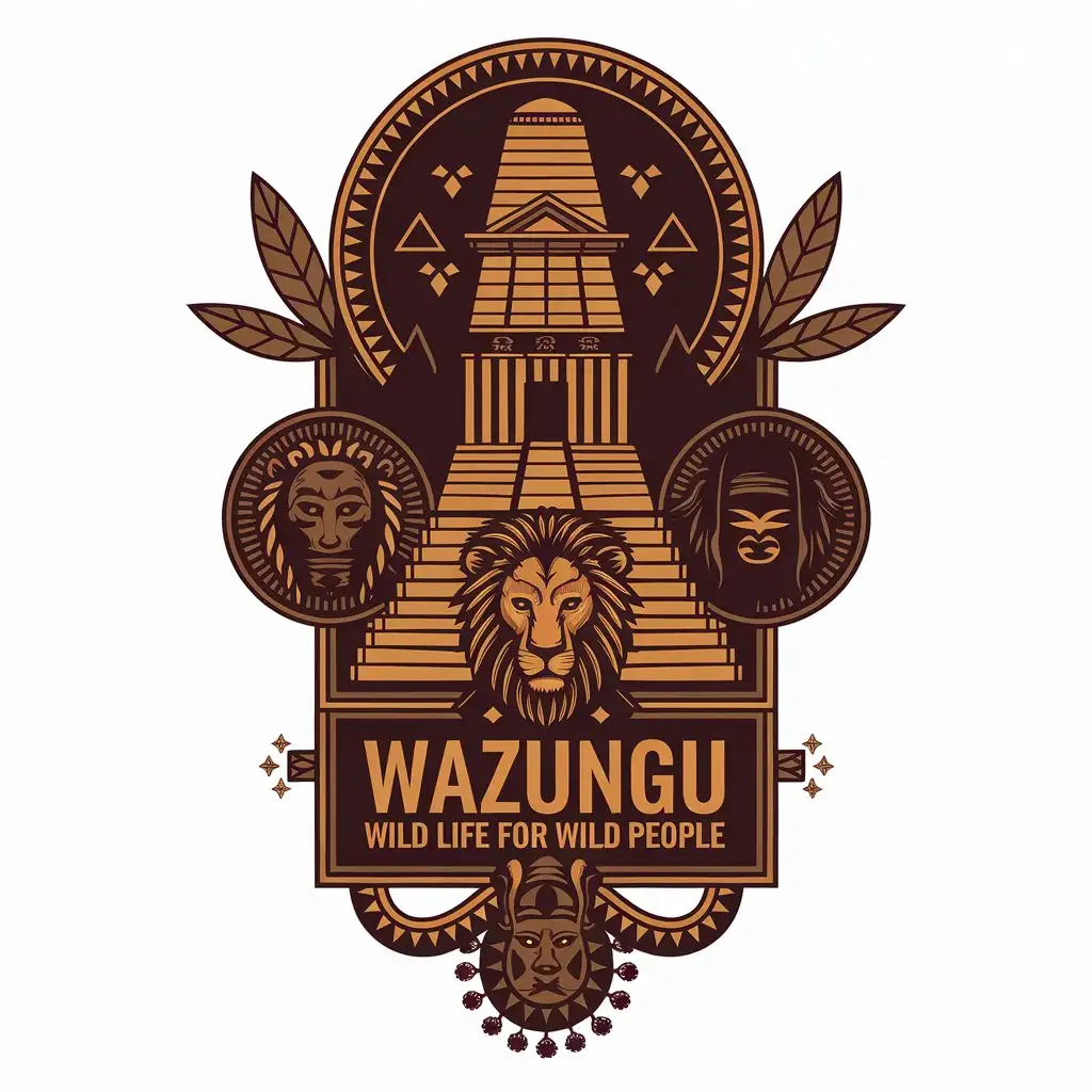 LOGO Design for WAZUNGU Wild Life for Wild People with Temple Lion and African Mask Theme