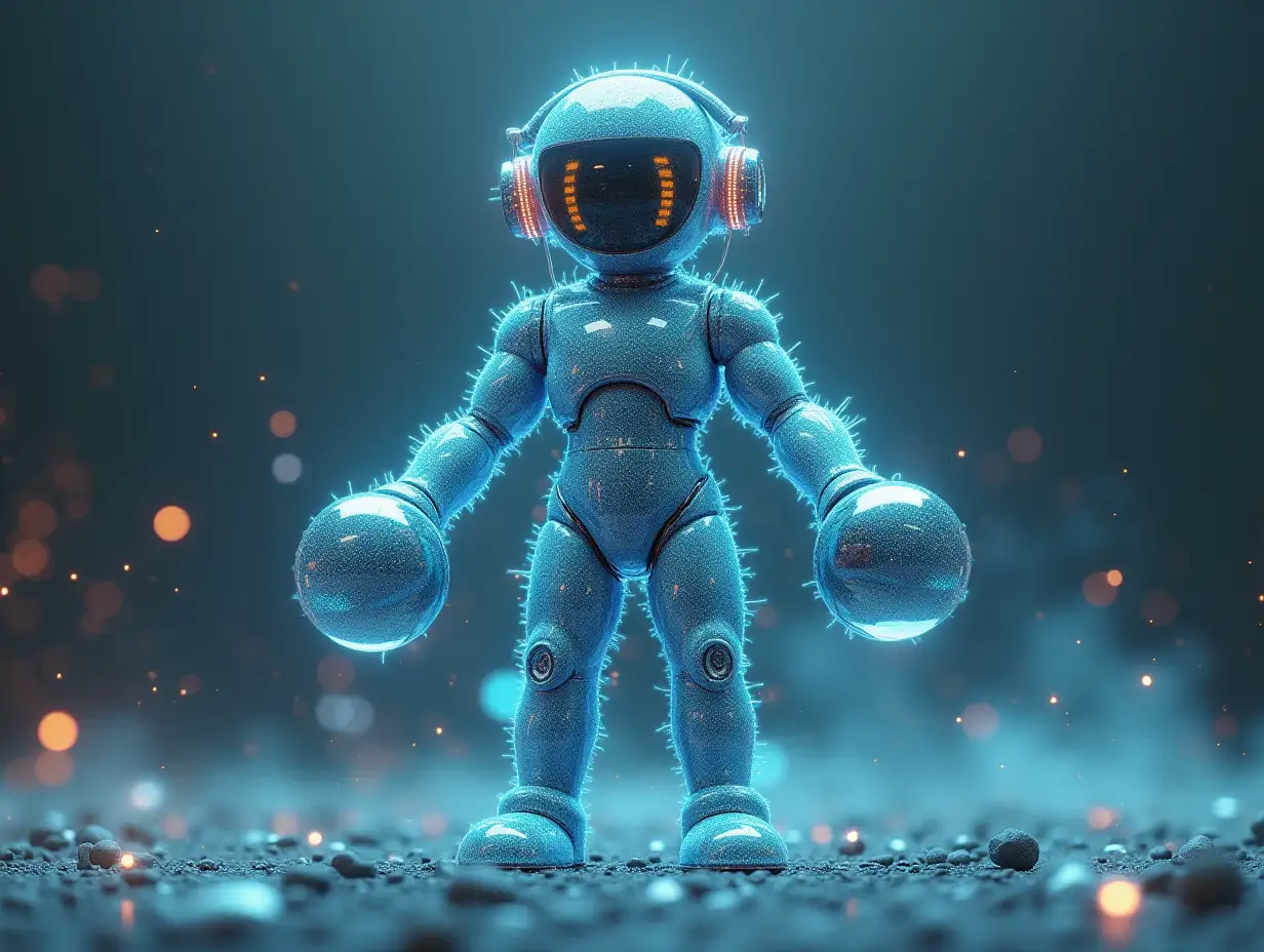 Create a high-resolution, realistic image of artificial intelligence (humanoid mixed Fractals colored, two meters tall with large glass spheres in hand, headphones, arms and legs on the ground in 4k resolution.